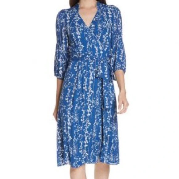 ba&sh Folia Wrap Midi Dress - Floral Blue and White - Size Medium - Picture 2 of 13